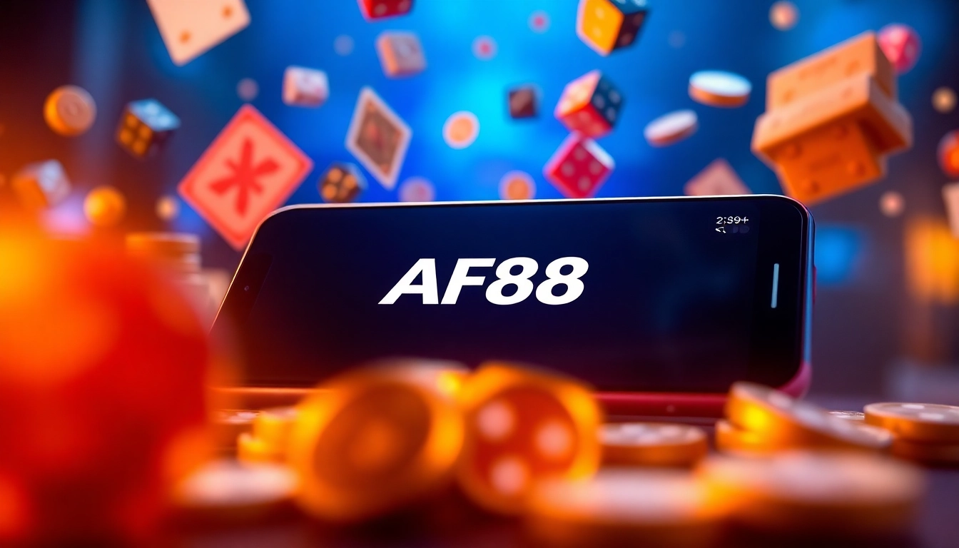 Online gaming experience at af88 com with a smartphone interface and vibrant gaming icons.