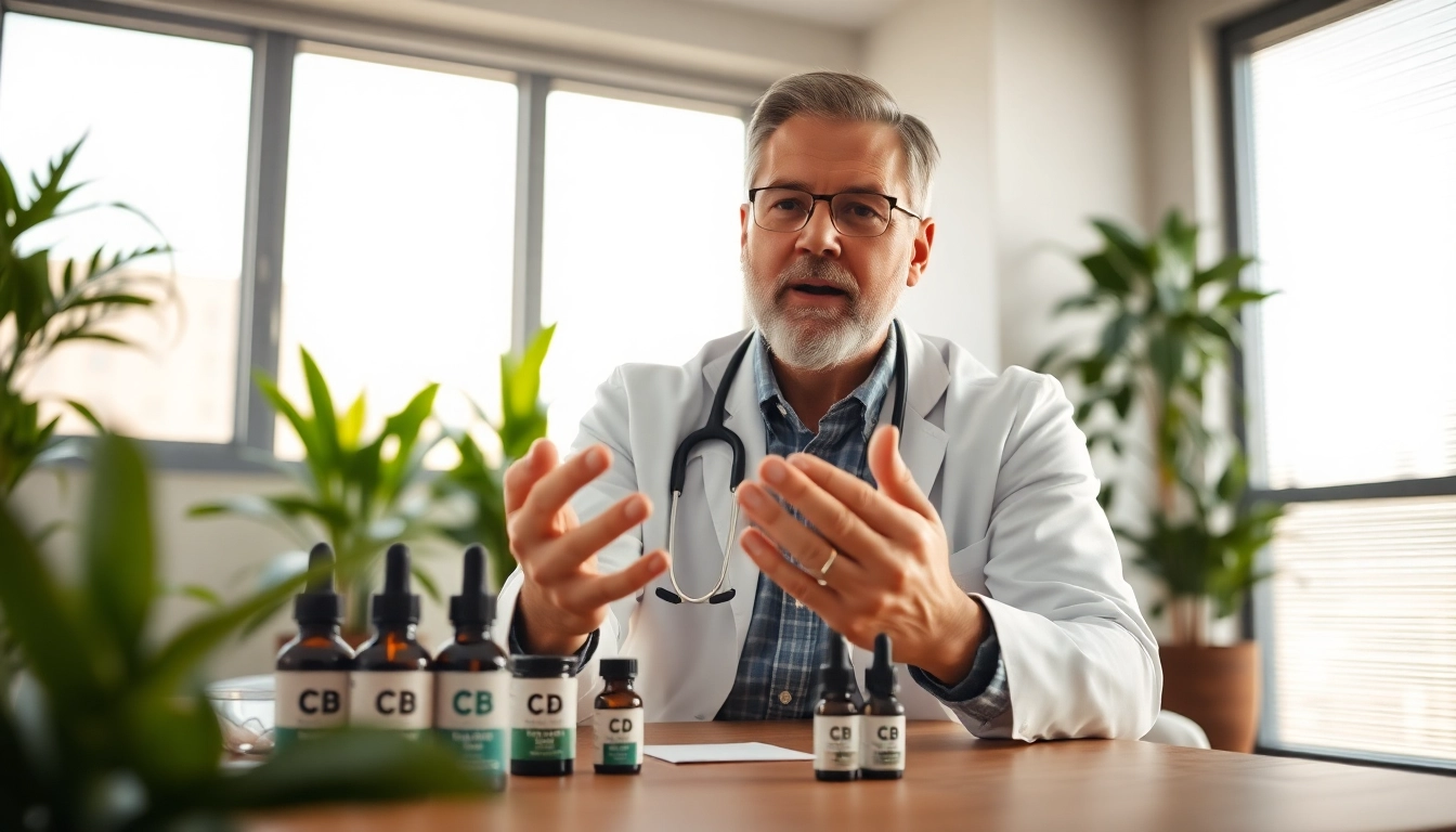 Discussing the benefits of CBD in a bright, modern clinic with health products.