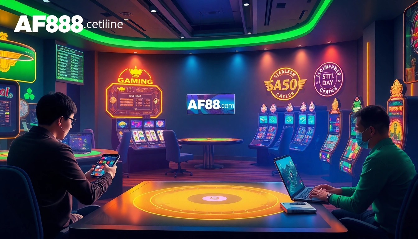 Online gaming experience featuring AF88 com with vibrant casino games and engaged players.
