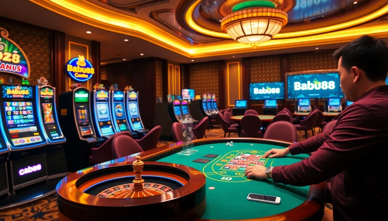 Babu88 offers an exciting gambling experience at vibrant casino tables with colorfully stacked chips.