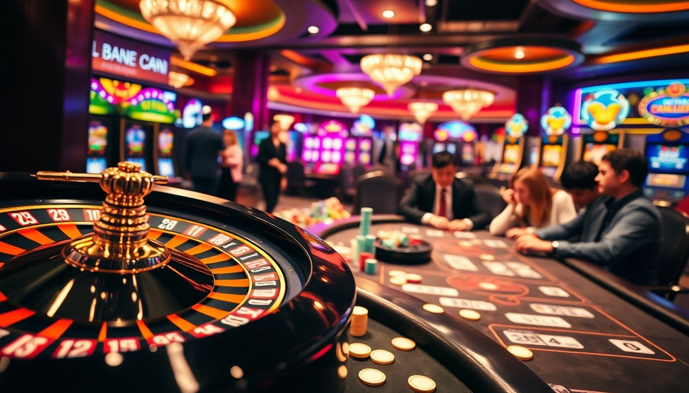 Players celebrating shbet khuyến mãi as they engage in a high-stakes poker game amidst vibrant casino lights.