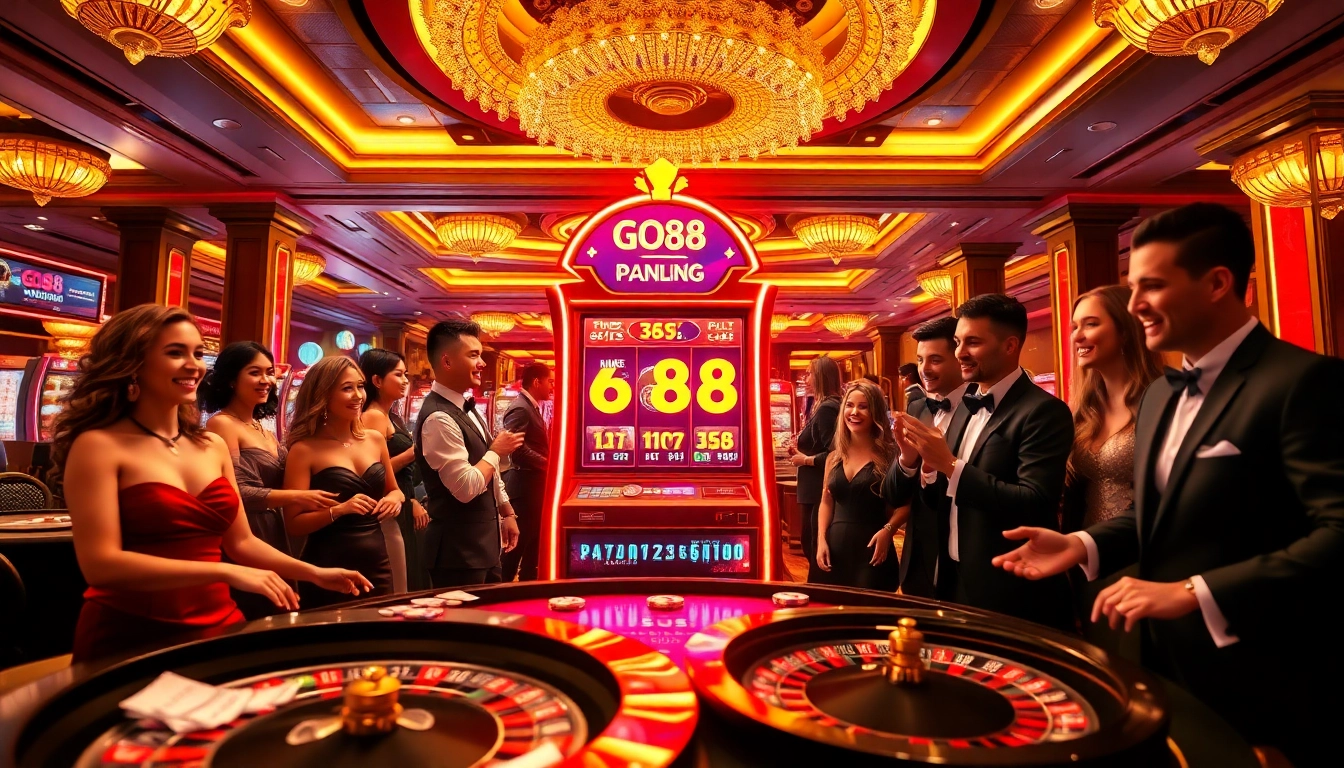Players enjoying the excitement of the GO88 slot machine at a luxurious casino.
