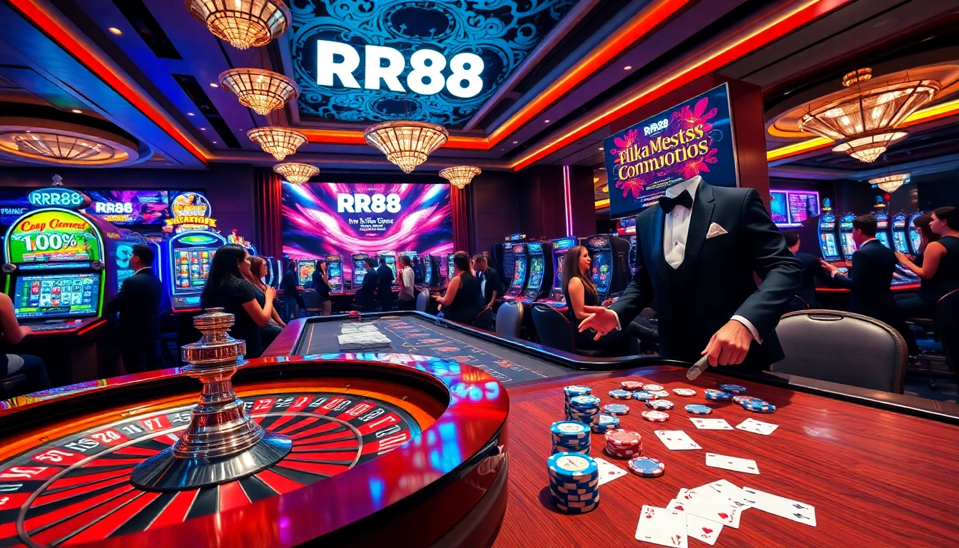 Experience thrilling gambling action at RR88 with dynamic casino tables, vibrant lights, and exciting games.