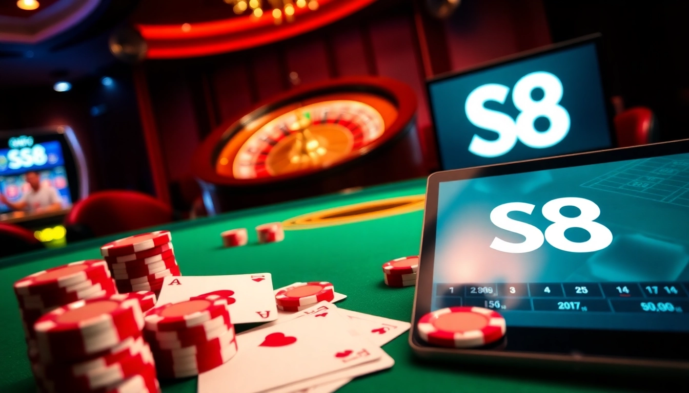 Experience a high-stakes S8 casino atmosphere with thrilling poker and roulette games.
