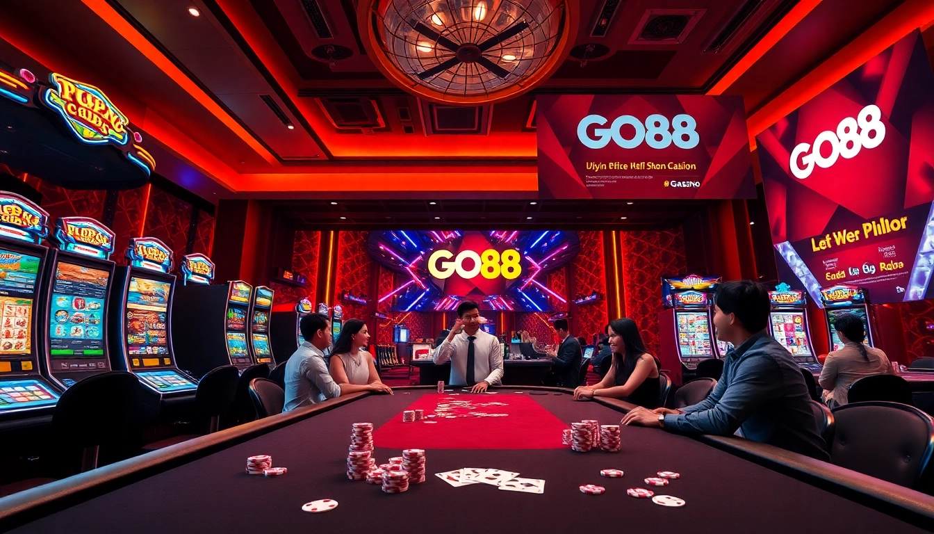 Exciting online casino experience with GO88 highlighting vibrant slot machines and live dealer action.