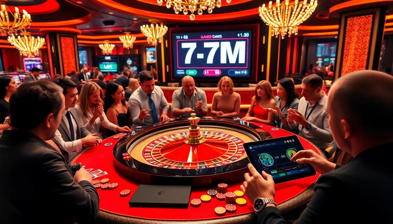 Engaging players placing bets at a roulette table while viewing live 7m betting odds on a tablet.