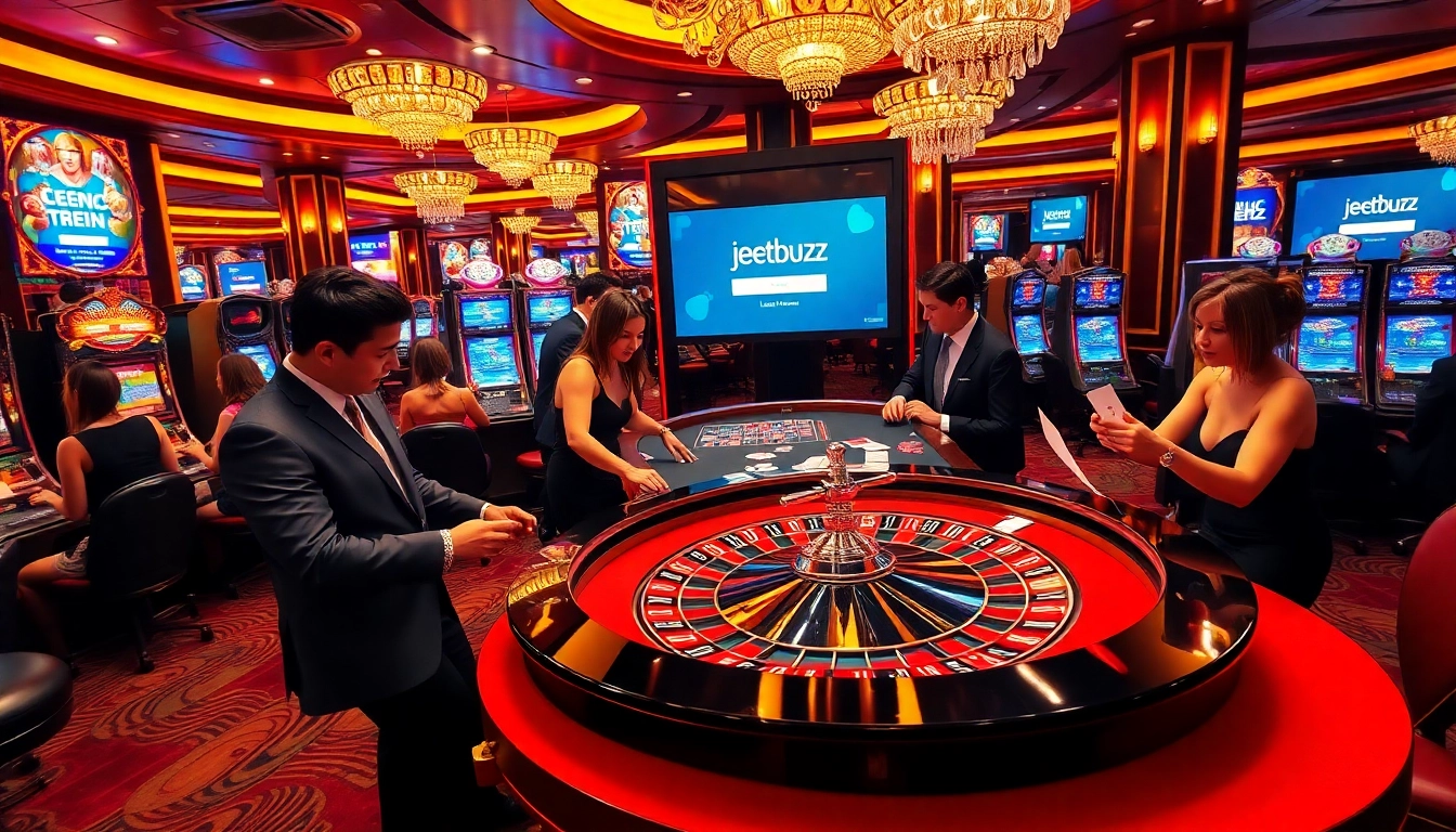 Exciting jeetbuzz লগইন scene at a luxury casino with gamblers at roulette and slots.