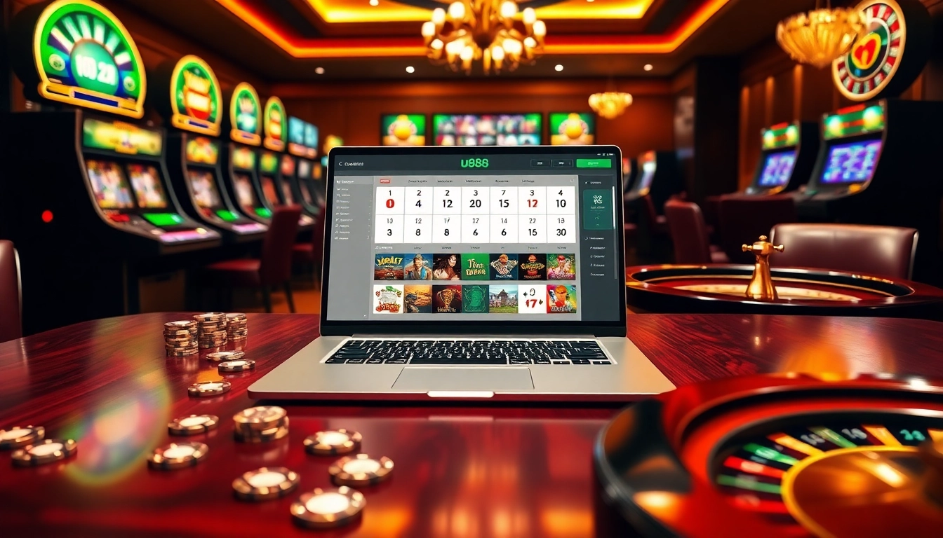 Experience the thrill of u888 com with a vibrant online casino scene featuring poker chips and slot machines.