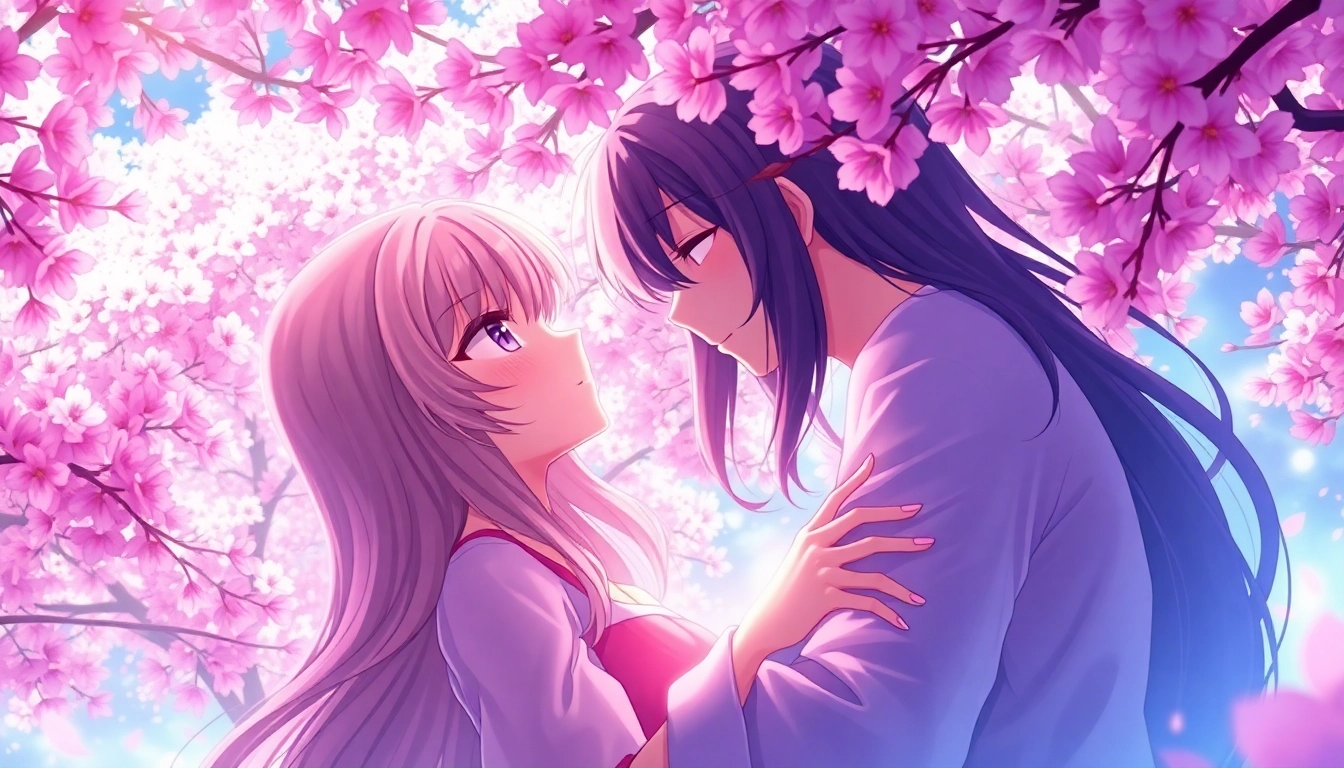 Anime sex scene with two characters under cherry blossoms, romantically engaged in a vibrant fantasy world.