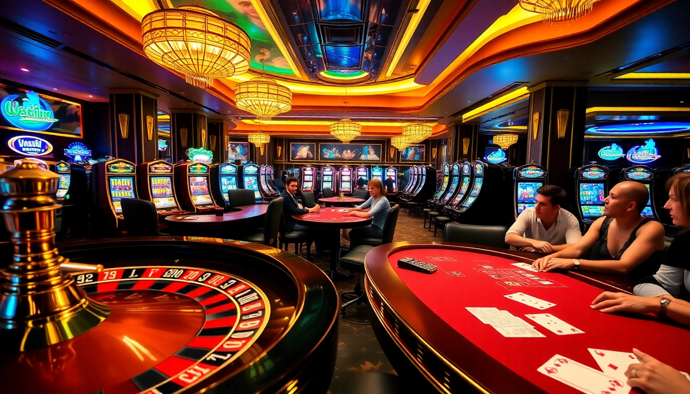 Exciting atmosphere at vuabai9 casino with players engaged at poker and roulette.