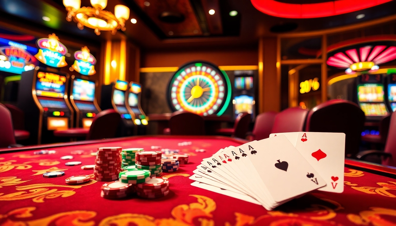 Exciting gaming scene representing the top 10 nhà cái uy tín, featuring poker chips and casino tables.