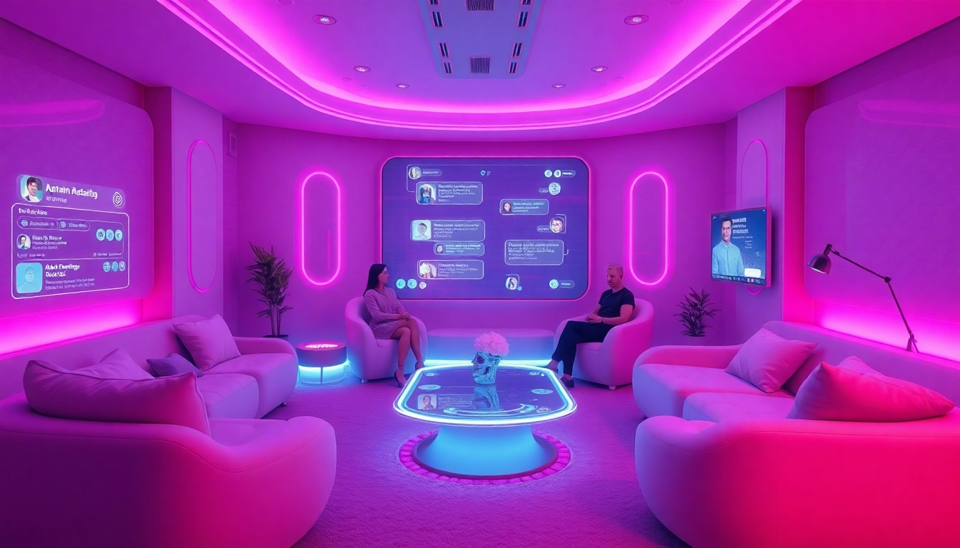 Immersive ai porn chat experience with futuristic avatars in a cozy digital room.