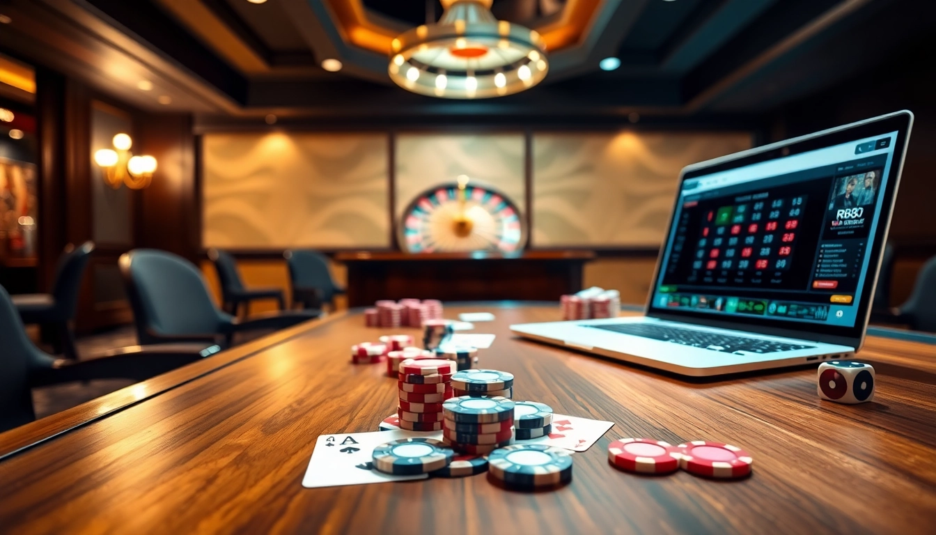 RR88 players enjoying immersive online gambling at a stylish casino table with poker chips and cards.