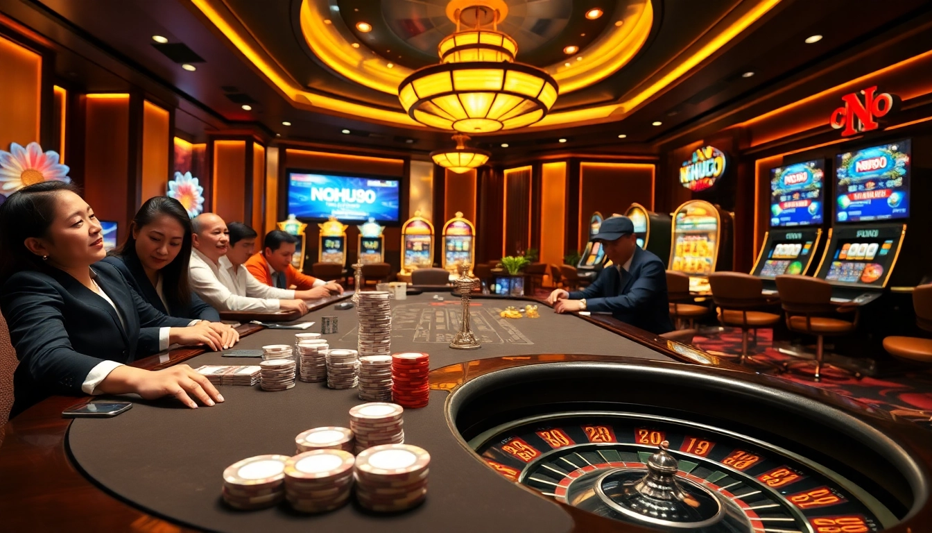 Play thrilling games at nhà cái NOHU90 with a vibrant casino atmosphere and luxurious poker tables.