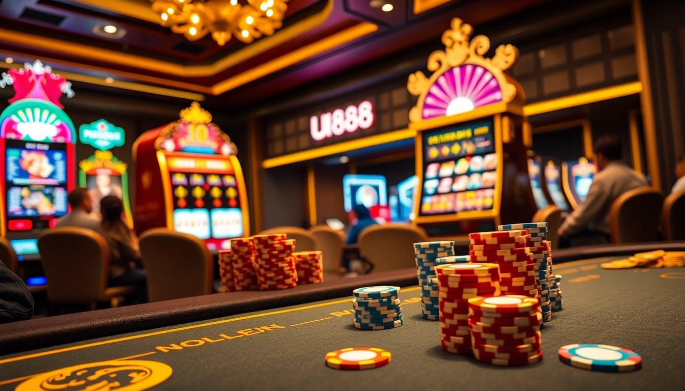 Players enjoying an intense poker game at u888 casino, showcasing vibrant chips and slot machines.