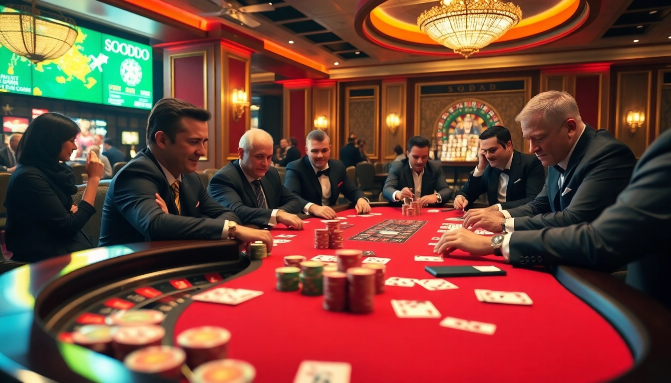 Players engage in strategic poker gameplay at a SODO casino table, showcasing excitement and skill.