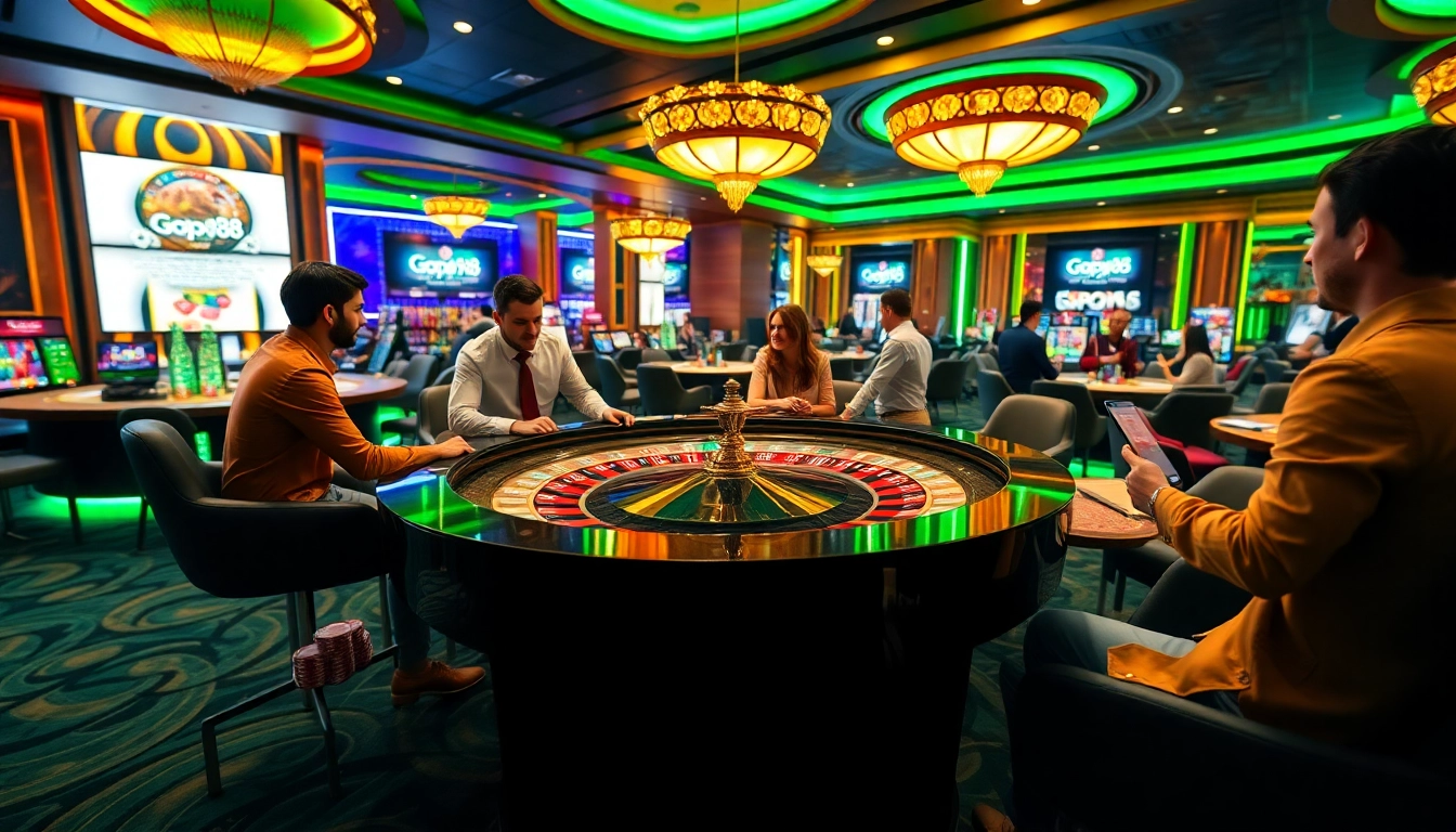 Players enjoying a thrilling game at a Gopay88 casino featuring roulette and poker.