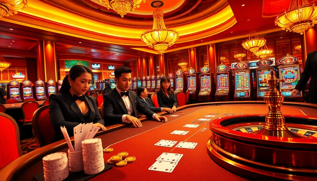 Experience excitement at iwinclub with players engaging in high-stakes poker, vibrant slot machines visible.