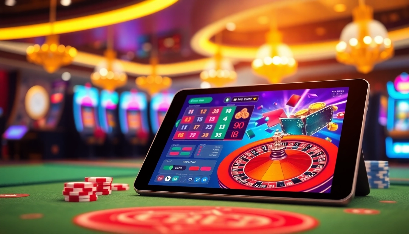 Engaging visual of an online gambling interface at https://ok88.tech/ showcasing exciting games and vibrant casino elements.