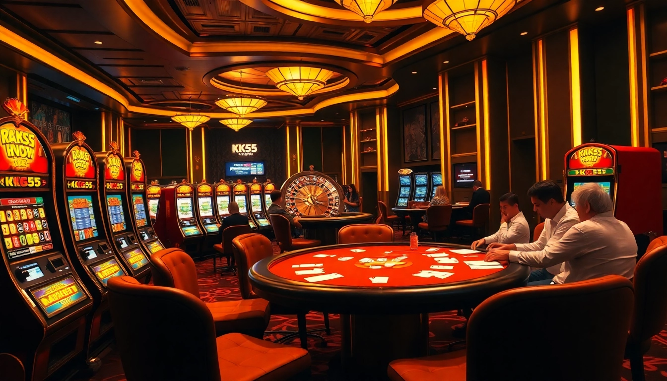 Engaged players at a KK55-themed poker table in a luxurious casino setting.