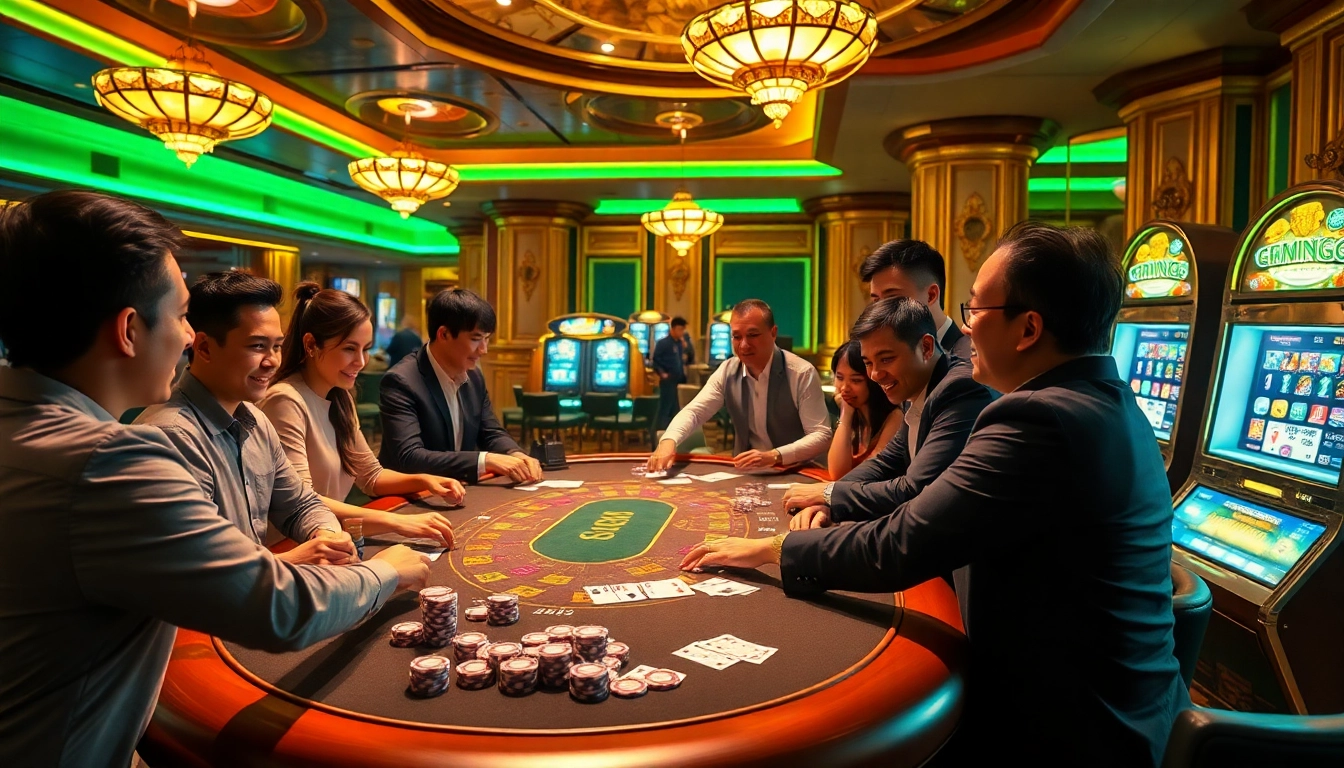 Experience the excitement of mmoo game đổi thưởng with vibrant casino imagery showcasing players at a gaming table.
