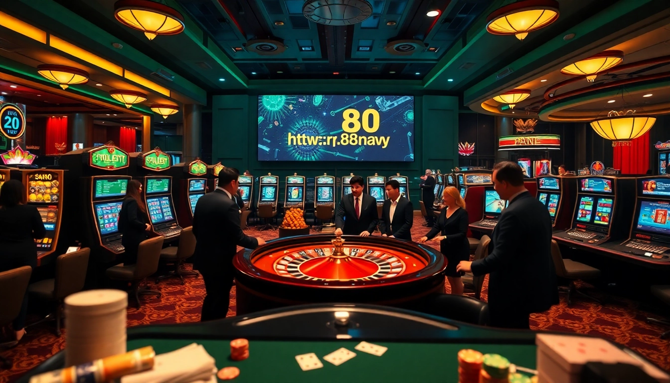 Experience the thrill at https://rr88.navy/ with a dynamic casino scene featuring vibrant slot machines and lush poker tables.