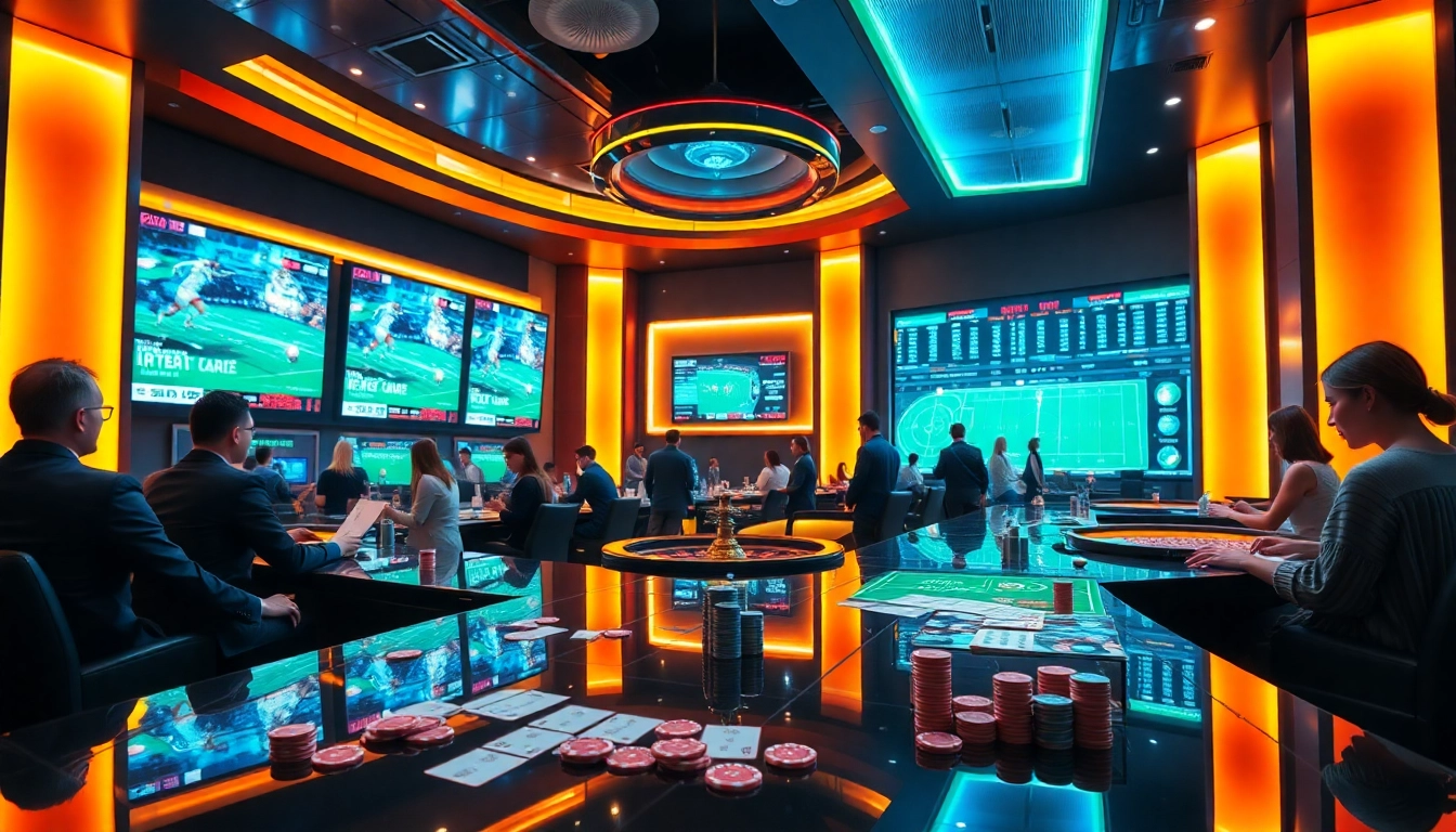 Exciting sports betting scene illustrating เทคนิคแทงบอล with gamblers engaging at a sportsbook.