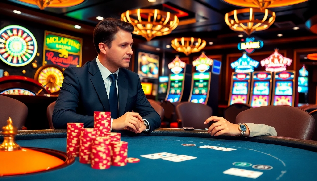 Discussing visa options with a migration agent in Australia at an elegant casino table.