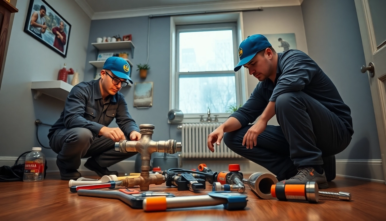Emergency plumbers on holidays or weekends fixing a burst pipe in NYC.