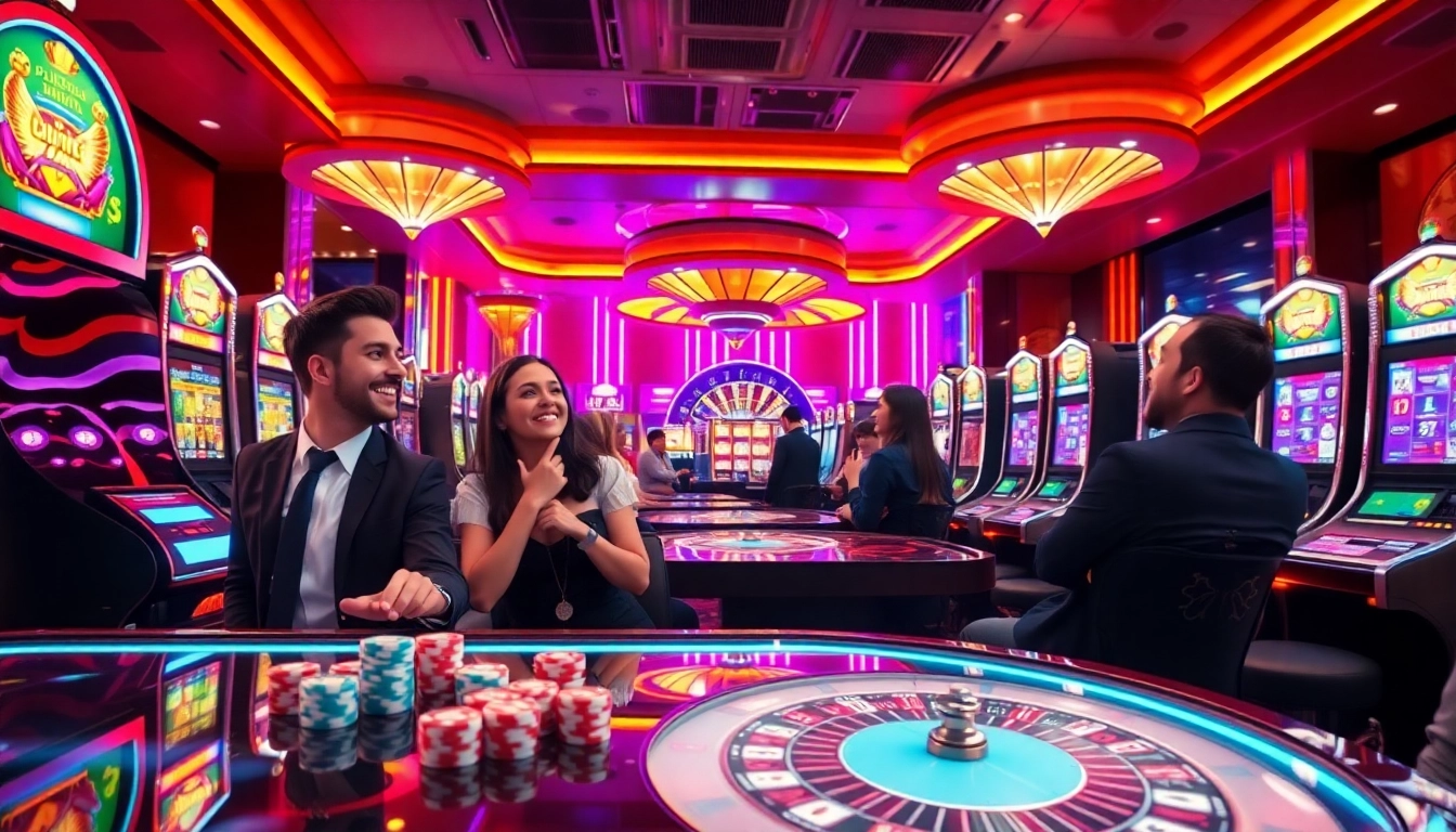 PEN4D players enjoying exciting slot games amidst a luxurious casino atmosphere.