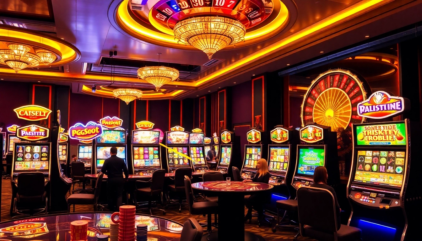 Experience the thrill of pg slot demo in a lively casino setting with illuminated slot machines.