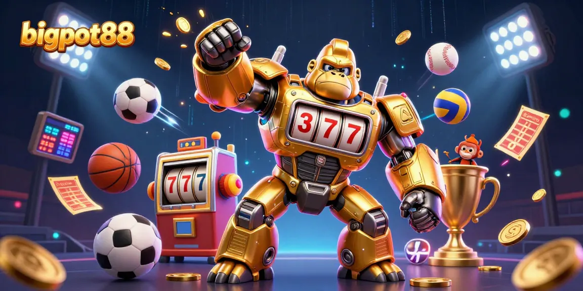 bigpot88 showcases a dynamic 3D casino scene with a golden gorilla mech, explosive coins, and sports elements.